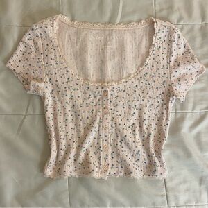 Aeropostale Floral Lace Trim Button-Up Pink Top